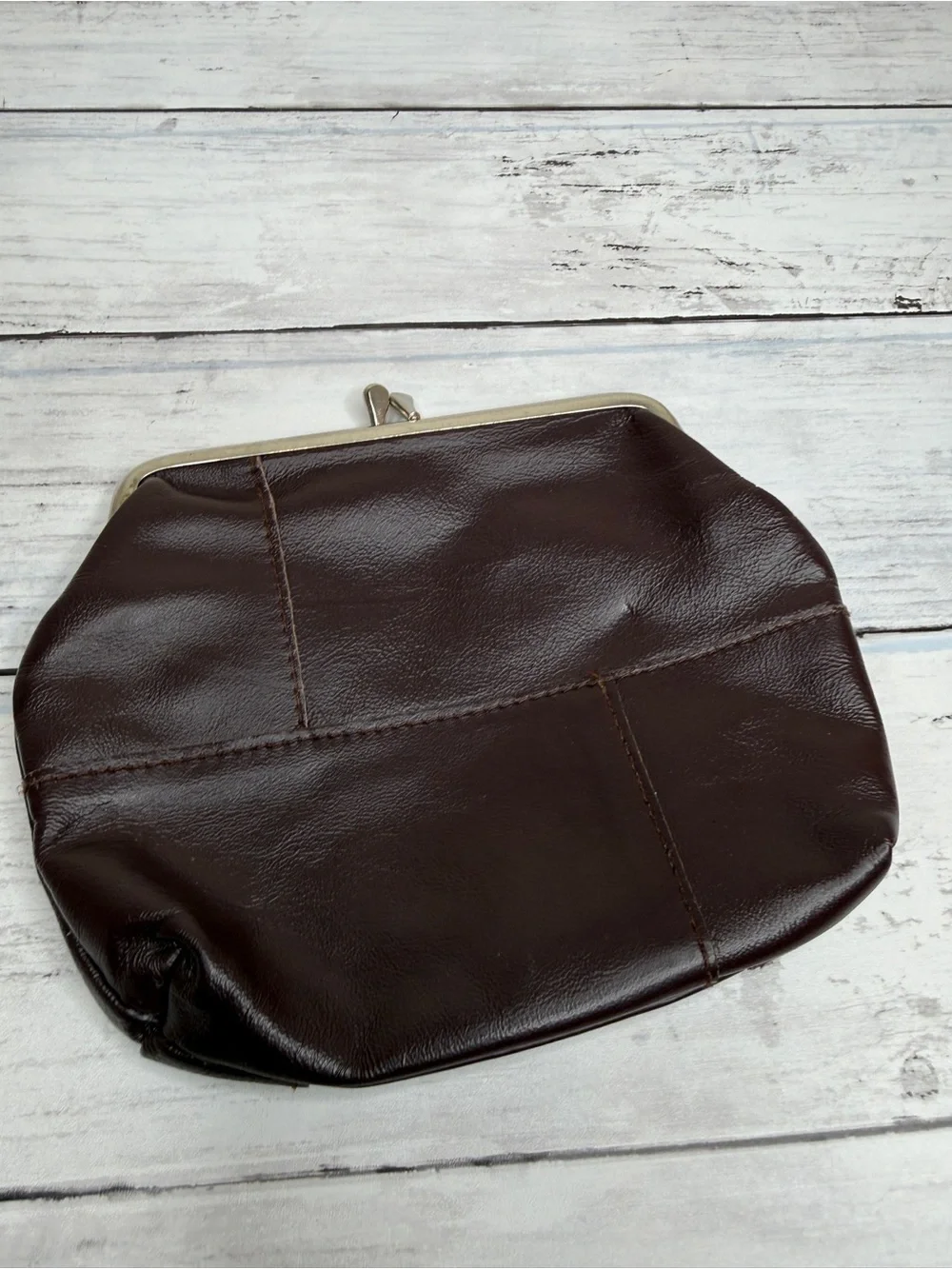 Dark Brown Leather Kiss-Lock Wristlet Clutch